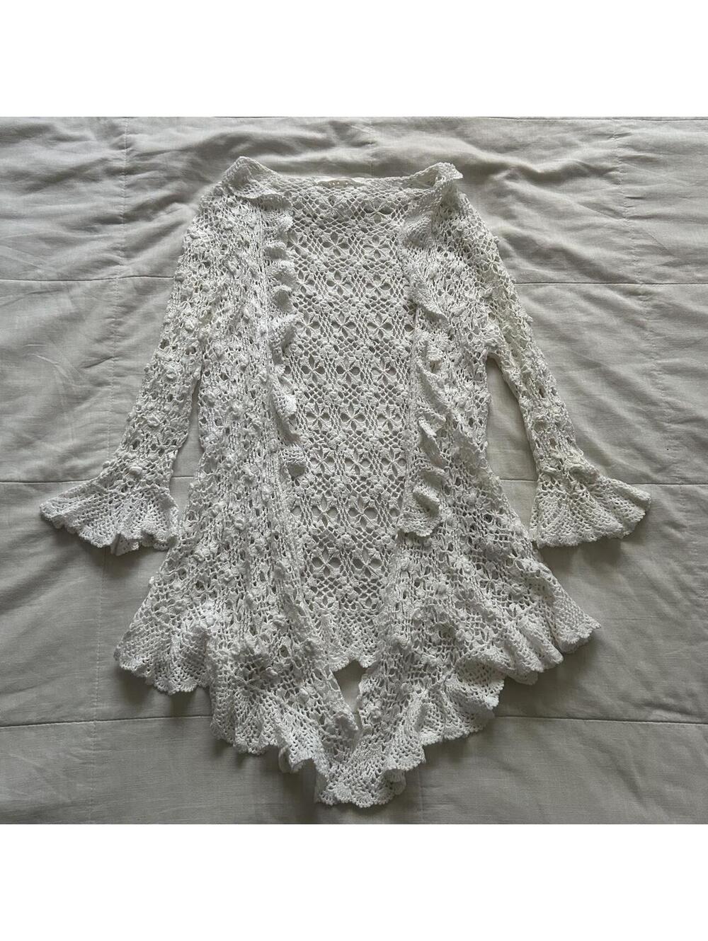 Pink House Ivory White Crochet Cardigan Floral Rosette Bell Sleeve Ruffle S